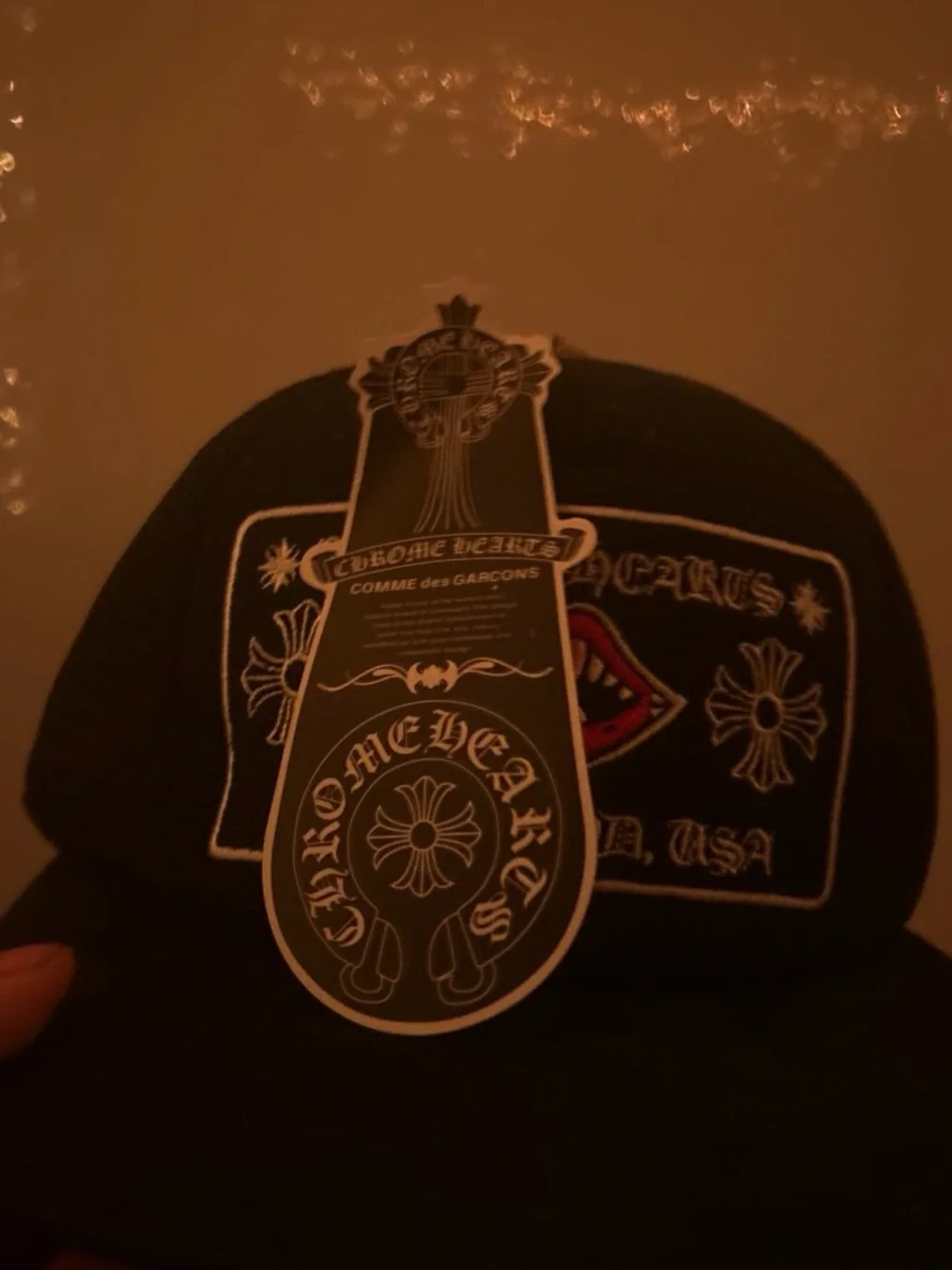 Chrome Hearts Black Snapback Hat with Red Lip Embroidery